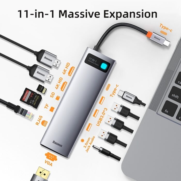 Baseus USB C HUB to HDMI-compatible VGA USB 3.0 Adapter 9/11 in 1 USB Type C HUB Dock for MacBook Pro Air PD RJ45 SD Card Reader 2