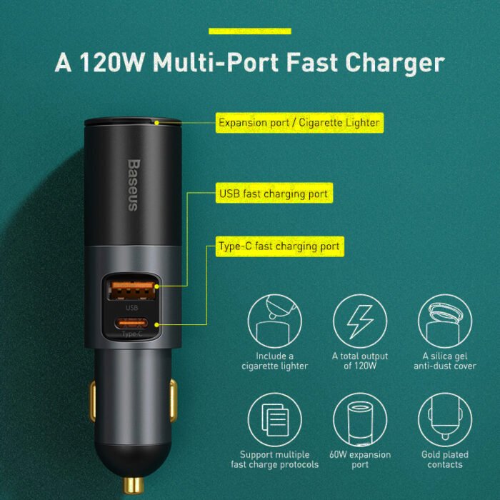 Baseus 120W Car Charger QC 3.0 PD 3.0 USB Phone Car Charger For iPhone 12 Pro Samsung Xiaomi Expansion Port Mobile Phone Charger 2
