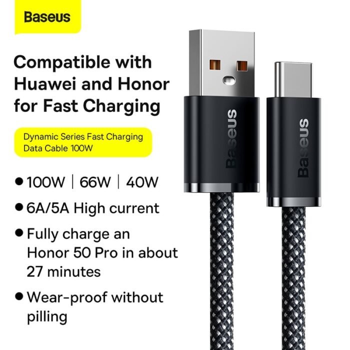 Baseus 100W USB Cable 6A Fast Charging Charger Wire Cord For Samsung S22 S21 Ultra Data USB C Phone Cable For Xiaomi Mi 10 6