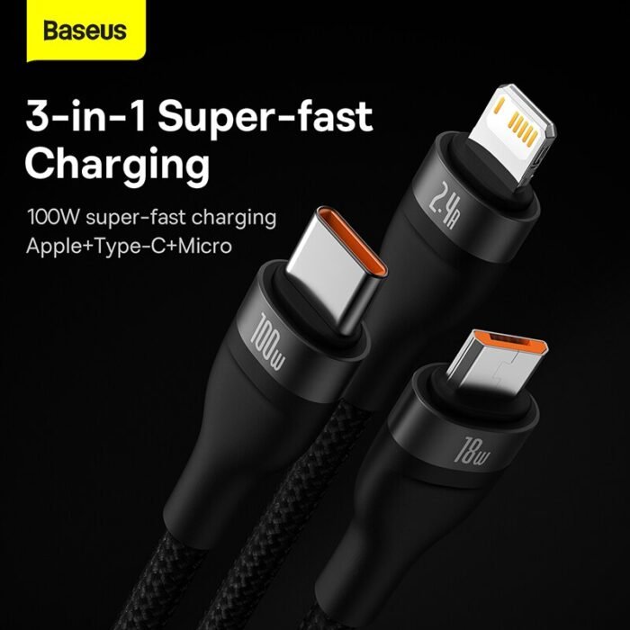 Baseus 3 in 1 USB Type C Cable 100W Fast Charging Data Cable for iPhone 13 Pro Phone Charger for Xiaomi Samsung Micro USB Cable 3
