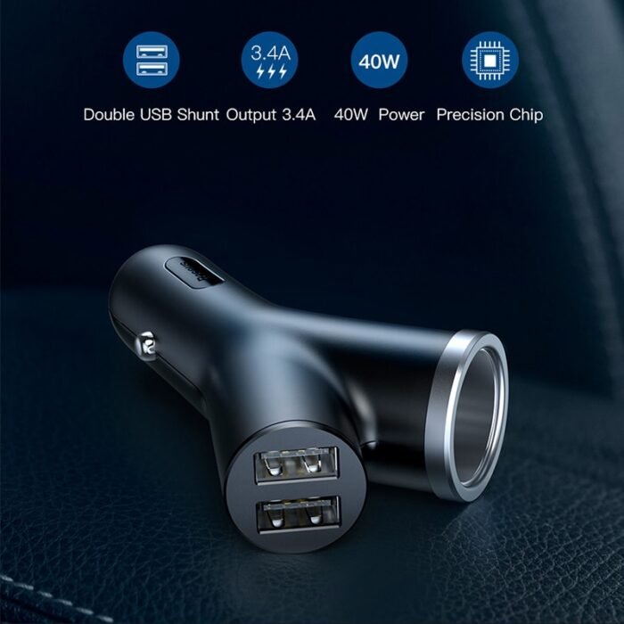 Baseus 40W Car Charger for Universal Mobile Phone Dual USB Car Cigarette Lighter Slot for Tablet GPS 3 Devices Car Phone Charger 2