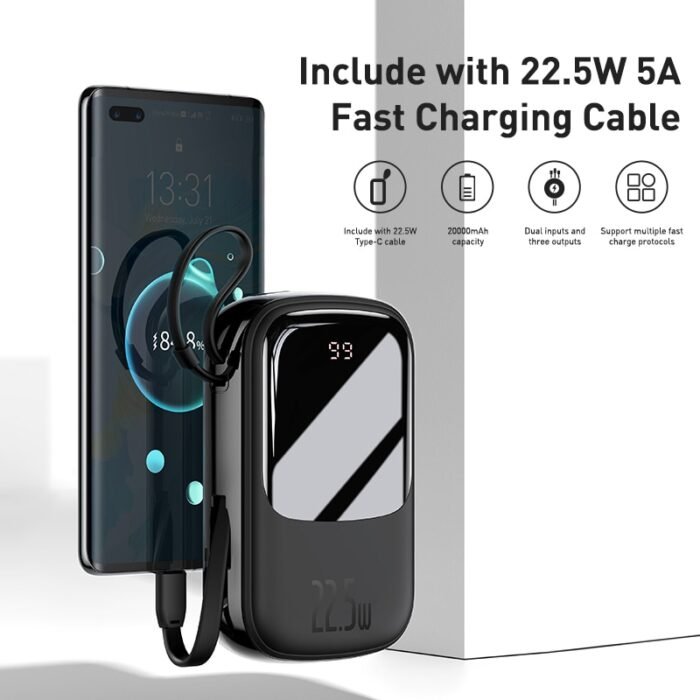 Baseus Power Bank 20000mAh PD Fast Charging Powerbank Built in Cables Portable Charger External Battery Pack For Phone 2