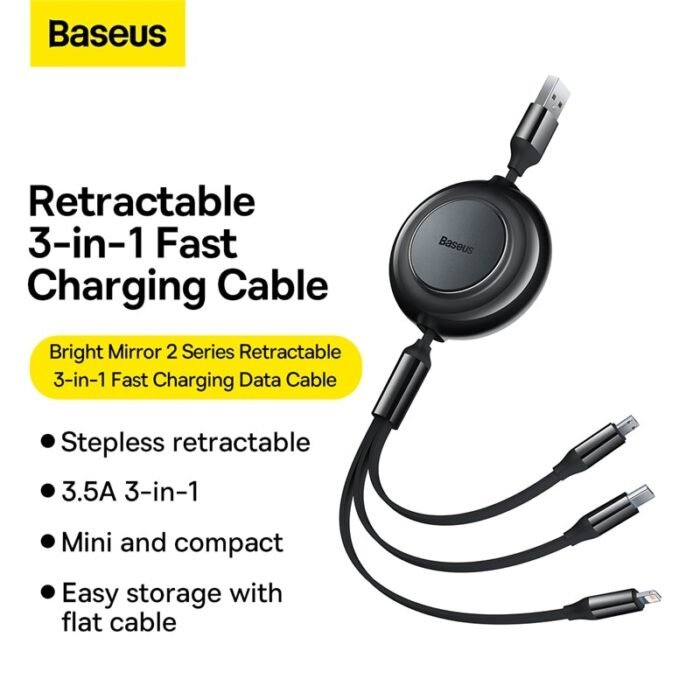Baseus 3 IN 1 USB Charge Cable for iPhone 13 12 Micro USB Type C Cable Retractable Charging Cable For iPhone X 8 Samsung 2