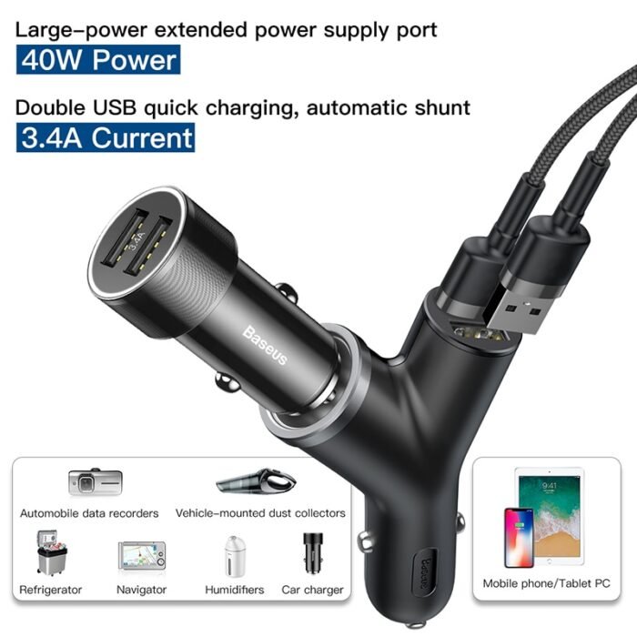Baseus 40W Car Charger for Universal Mobile Phone Dual USB Car Cigarette Lighter Slot for Tablet GPS 3 Devices Car Phone Charger 3