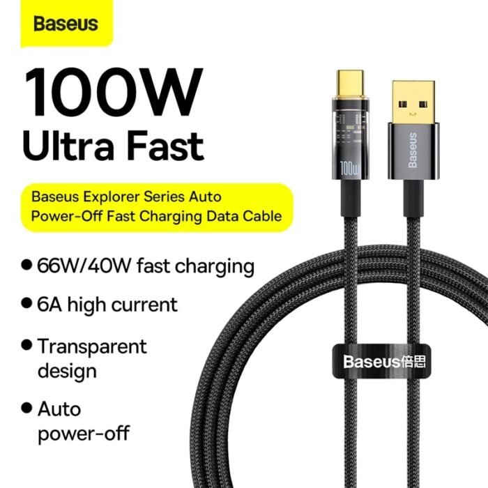 Baseus 100W  USB Type C Cable for Huawei P40 Pro Mate 30 Auto Power-Off 100W Fast Charging Cable for Samsung S21 ultra S20 2
