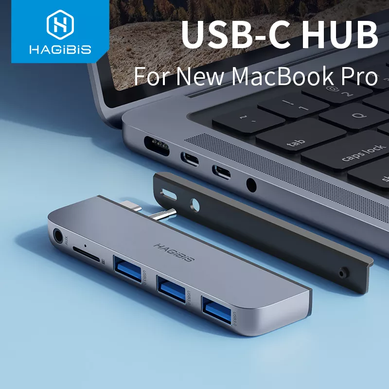 Hagibis USB C Hub for NEW Macbook Pro Type-c docking station USB C adapter with USB 3.0 Micro SD 3.5mm AUX port 14/16 inch M1 M2