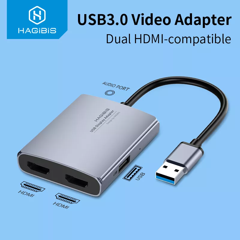 Hagibis USB 3.0 to Dual HDMI-Compatible Adapter Triple display Video Converter USB hub 3.5mm Audio for Windows 7/8/10/11 Mac OS