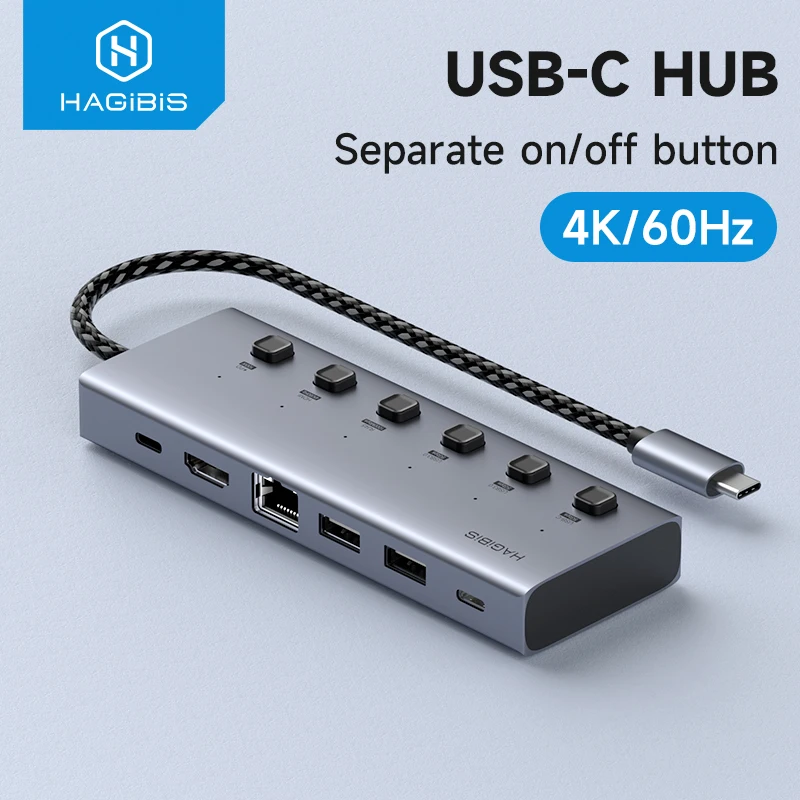 Hagibis USB C HUB Type-C Individual On/Off Switches Docking Station with 100W PD 4K HDMI-Compatible RJ45 for Laptops Macbook Pro