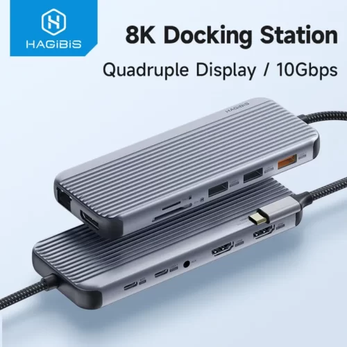 Hagibis Portable USB C Docking Station Type C to 8K DP Dual HDMI-Compatible Quadruple display PD RJ45 USB 3.1 for Laptop Macbook