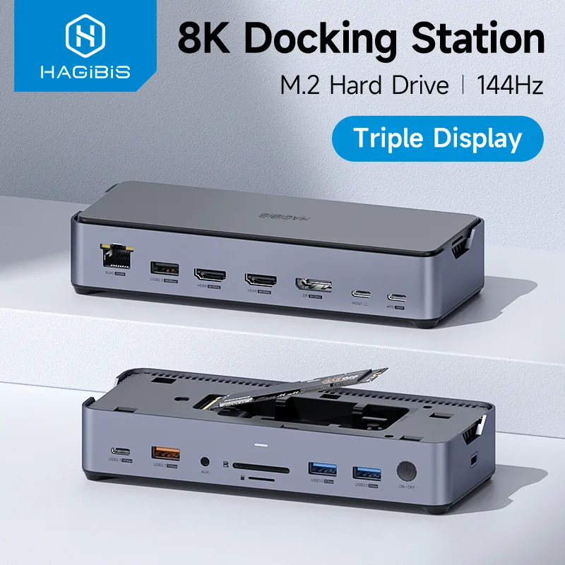 Hagibis USB C Docking Station Type C to 8K DP HDMI-Compatible Triple Display M.2 SSD PD3.0 RJ45 15 in 1 USB C HUB for PC Laptops
