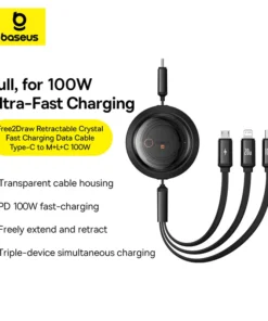 Baseus Retractable 100W 3 in 1 Fast USB Cable for Macbook iPad Portable 3 in 1 Micro Type C Charger Cable For iPhone Samsung 2