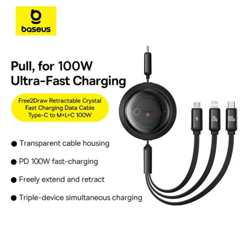 Baseus Retractable 100W 3 in 1 Fast USB Cable for Macbook iPad Portable 3 in 1 Micro Type C Charger Cable For iPhone Samsung 2