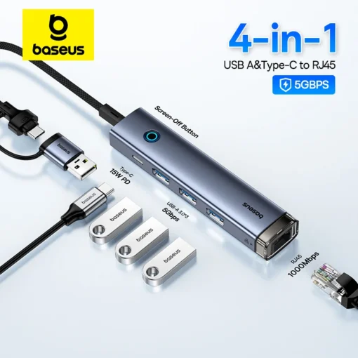 Baseus USB Hub Type-C USB-A Adapter to USB 3.0 5Gbps Data Transfer RJ45 Gigabit Ethernet 4-in-1 Docking Station Hub for MacBook 1