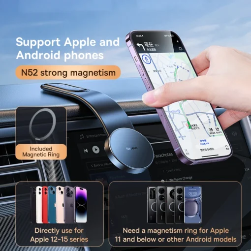 Baseus Magnetic Bendable 15W Car Mobile Phone Holder Wireless Charger Phone Holder for iPhone 12-15 Dashborad Center Console 5