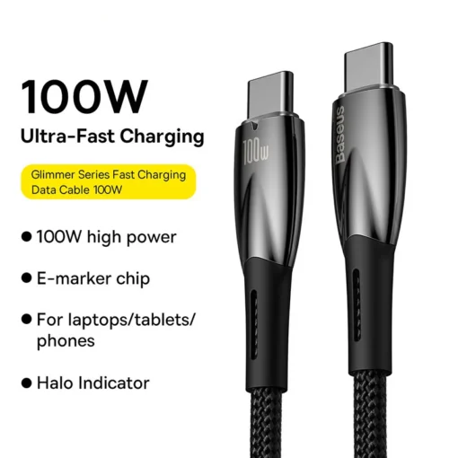 Baseus PD100W USB Cable For iPhone 15 Led Light Fast Charging Data Cable Type-C To Type-C Phone Cord For Xiaomi Samsung Laptop 6