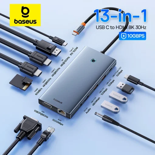 Baseus USB Type C to HDMI-Compatible HUB Adapter 13-In-1 DP 4K 60Hz 120Hz RJ45 VGA Converter PD 100W USB 3.0 2.0 For Macbook PC 1