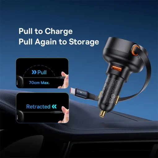 Baseus Car Charger 2 in 1 30W 25W For MacBook Samsung Xiaomi Cable for iPhone USB C Cable for IP/Type-C  Charging Retractable 2