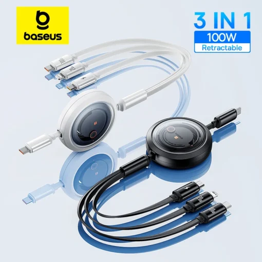 Baseus Retractable 100W 3 in 1 Fast USB Cable for Macbook iPad Portable 3 in 1 Micro Type C Charger Cable For iPhone Samsung 1