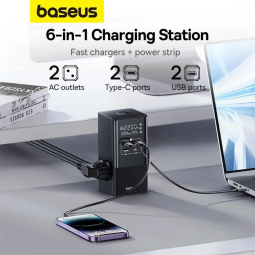 Baseus 100W Fast USB Charger 6 in 1  Power Strip Desktop Charging Station With 1200J Surge Protector For MacBook iPhone Samsung 2