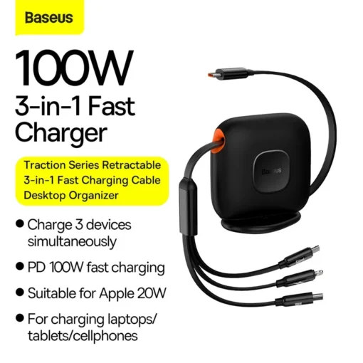 Baseus Retractable 3 In 1 USB C Cable For iPhone 14 13 12Pro Max Fast Charger Cable For iPad MacBook100W USB Type-C Cable 2