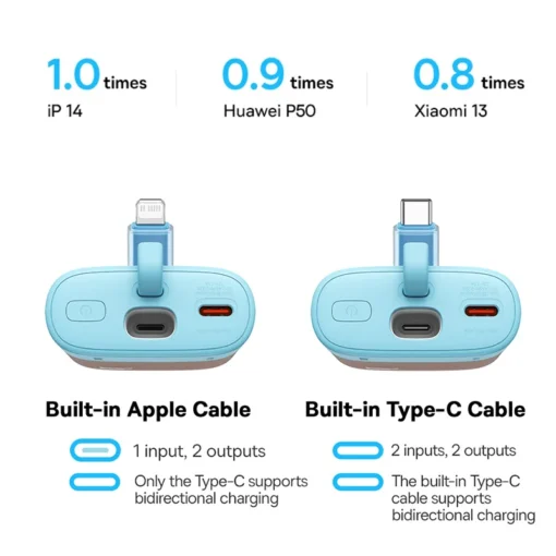 Baseus Portable 20W Power Bank 5200mAh PD Fast Charging Powerbank Battery Charger, Built-in Cable For iPhone 14 13 12 11 pro Max 5