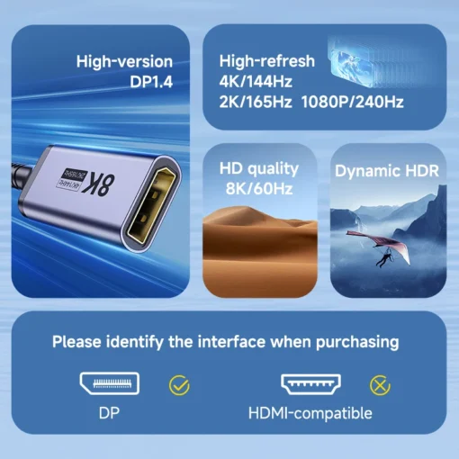 Hagibis USB Type C to DisplayPort Female Cable Thunderbolt 3/4 to 8K@60Hz 4K@144Hz 2K165Hz DP 1.4 for MacBook Pro Samsung XPS 2