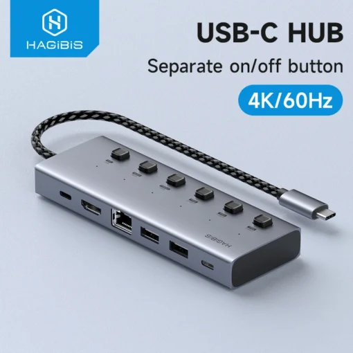 Hagibis USB C HUB Type-C Individual On/Off Switches Docking Station with 100W PD 4K HDMI-Compatible RJ45 for Laptops Macbook Pro 1