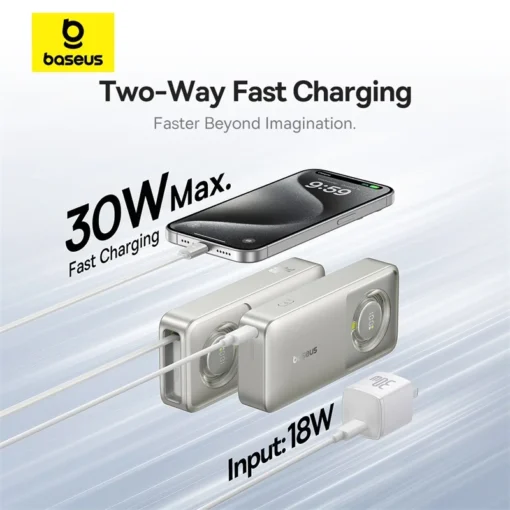 Baseus 30W Power Bank 10000mah with Built-in Retractable Type-C Cable Fast Charging for iPhone 15 Pro Max Xiaomi Samsung 2