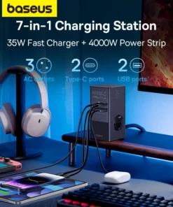 Baseus 35W Fast Charger Digital Power Strip 7-in-1 Charging Station 4000W Rated Power Digital Display For iPhone 15 14 Pro Max 2