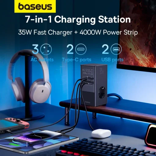 Baseus 35W Fast Charger Digital Power Strip 7-in-1 Charging Station 4000W Rated Power Digital Display For iPhone 15 14 Pro Max 2