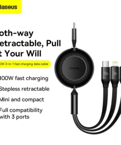 Baseus Retractable 100W 3 in 1 USB Charge Cable For Macbook Samsung Xiaomi USB Type C Cable Charging Cable for iPhone 14 2