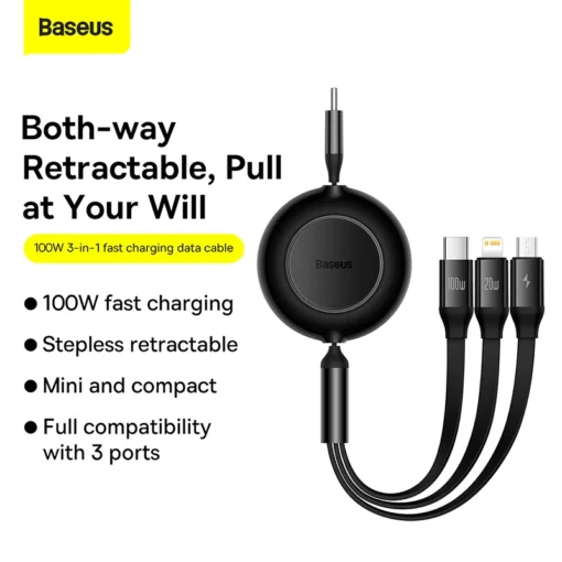 Baseus Retractable 100W 3 in 1 USB Charge Cable For Macbook Samsung Xiaomi USB Type C Cable Charging Cable for iPhone 14 2