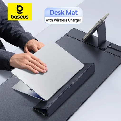 【New Sale】Baseus Smart Desk Mat with Wireless Charger for Gaming Office Wrist Rest Laptop Phone Stand Holder Keyboard Mouse Pad 1