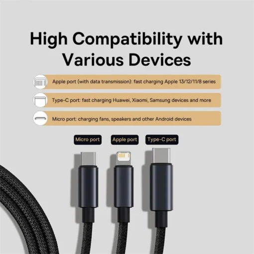 Baseus 3 in 1 USB Cable Type C Cable For Samsung Xiaomi Mi 9 Huawei Cable For iPhone 13 12 11 Phone Charger Micro USB Data Cable 2