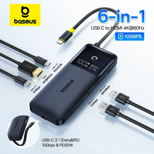 Baseus USB Hub for HDMI 4K@60Hz USB 3.1 10Gbps Hub 100W+20W Dual Fast Charging Cable Docking Station for MacBook Air PC USB Hub 1