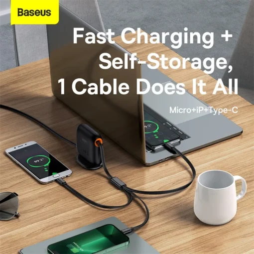 Baseus Retractable 3 In 1 USB C Cable For iPhone 14 13 12Pro Max Fast Charger Cable For iPad MacBook100W USB Type-C Cable 3