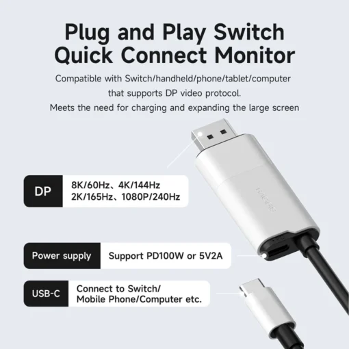 Hagibis  USB C to DisplayPort Cable 8K@60Hz 4K@144Hz 2K165Hz Type-C to DP Adapter Compatible With Thunderbolt 4/3 iPhone 15 XPS 2