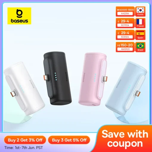 Baseus 20W Compact Power Bank Fast Charging Type-C Edition 5000mah Portable Charger for iPhone 15 Pro Max Xiaomi 1