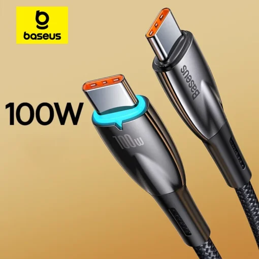 Baseus PD100W USB Cable For iPhone 15 Led Light Fast Charging Data Cable Type-C To Type-C Phone Cord For Xiaomi Samsung Laptop 1