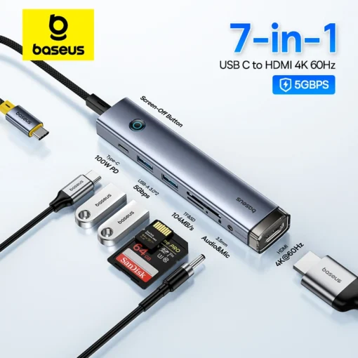 Baseus USB C Hub to HDMI 4K 60Hz USB Type C 3.0 RJ45 PD 100W USB 3.0 SD TF Card Slim Adapter USB C Dock for MacBook PC USB HUB 1