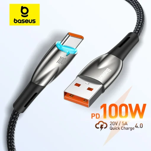 Baseus USB C Cable Smart Led Indicator 100W Fast Charging Data Cable Usb To Type-C 6A Mobile Phone Cord For Xiaomi Huawei Laptop 1