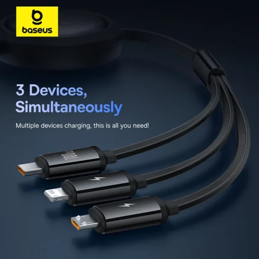 Baseus 3 In 1 Retractable Phone Data Cable Type C USB 100W Fast Charging Cable Suitable For iPhone Huawei Xiaomi Android Micro 5