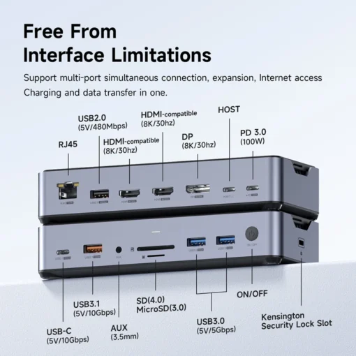 Hagibis USB C Docking Station Type C to 8K DP HDMI-Compatible Triple Display M.2 SSD PD3.0 RJ45 15 in 1 USB C HUB for PC Laptops 2