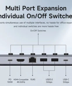 Hagibis USB C HUB Type-C Individual On/Off Switches Docking Station with 100W PD 4K HDMI-Compatible RJ45 for Laptops Macbook Pro 2