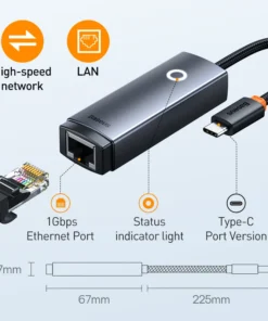 Baseus USB C to Ethernet Adapter Aluminum Gigabit USB C Adapter for Laptop MacBook Pro 1000/100Mbps USB Lan RJ45 Network Card 3