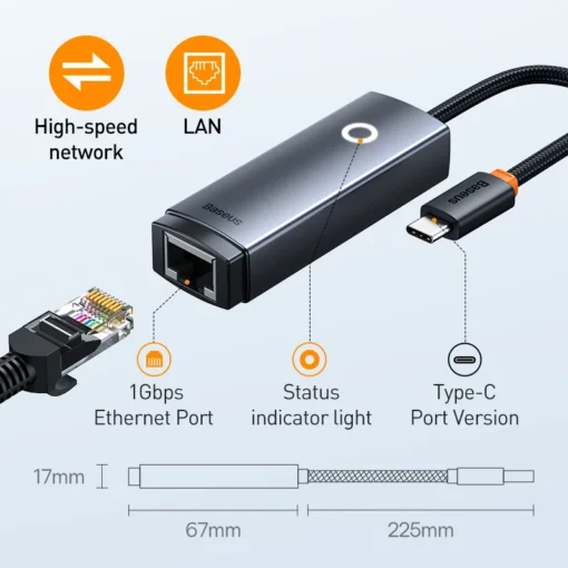 Baseus USB C to Ethernet Adapter Aluminum Gigabit USB C Adapter for Laptop MacBook Pro 1000/100Mbps USB Lan RJ45 Network Card 3