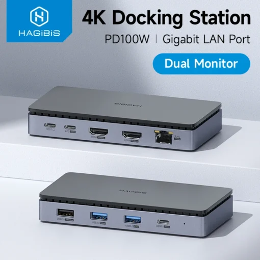 Hagibis USB C Docking Station Type C to Dual 4K HDMI-Compatible 100W PD USB 3.0 Hub RJ45 Triple Display for Macbook Laptop iPad 1