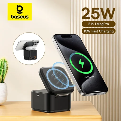 Baseus 25W 2 in 1 Magnetic Wireless Charger Stand 15W Fast Charging Dock Station With Retractable Cable For iPhone15 14  Airpod 1