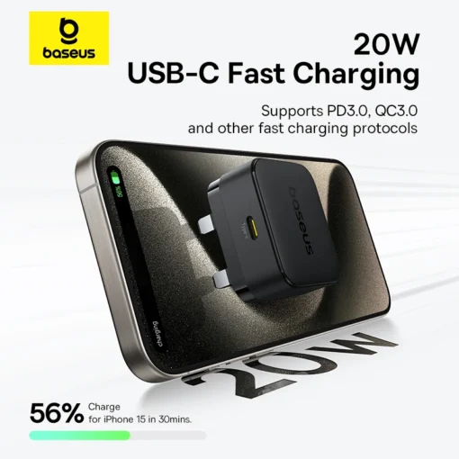 【UK Plug】Baseus 20W PD Charger Fast Charger for iPhone Samsung Xiaomi Travel Mini Charger USB C Charger for iPad Airpods 3